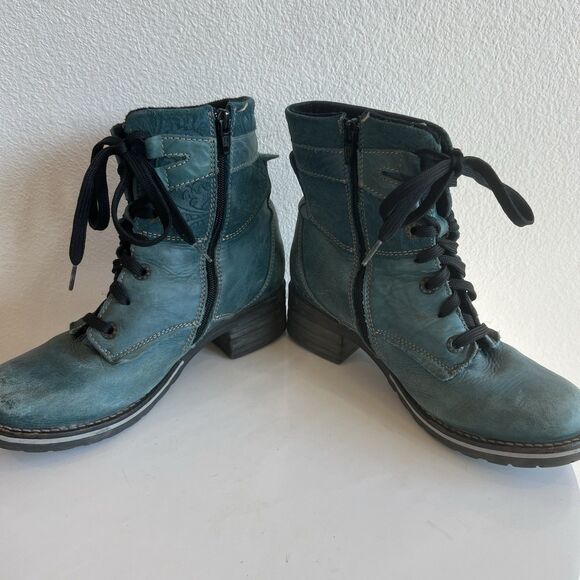 Dromedaris Kara Combat Boots Lace Up Teal Distressed Leather 37  Women's 7 - Picture 4 of 7